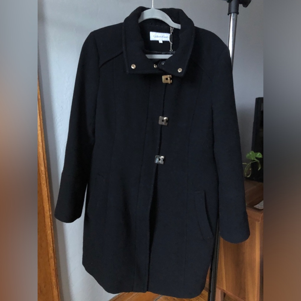 Calvin Klein Black Trench Coat with Gold Details
